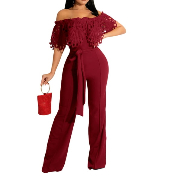 Franhais Women's Skinny Jumpsuit, Ruffle Off Shoulder Short Sleeve Solid Color Long Slim Bodysuit, S/M/L/XL