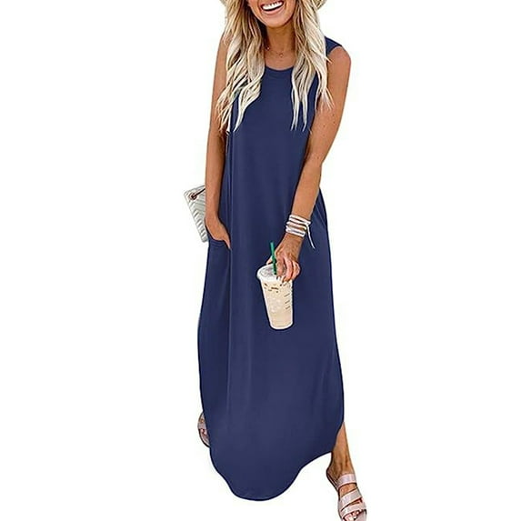 Franhais Women's Sleeveless Loose Solid Curved Slit Hem Long Maxi Dress