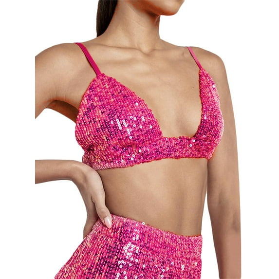 Franhais Women's Sparkle Glitter Bra Tops, Sleeveless Spaghetti Strap Deep V Neck Sequin Push Up Bra