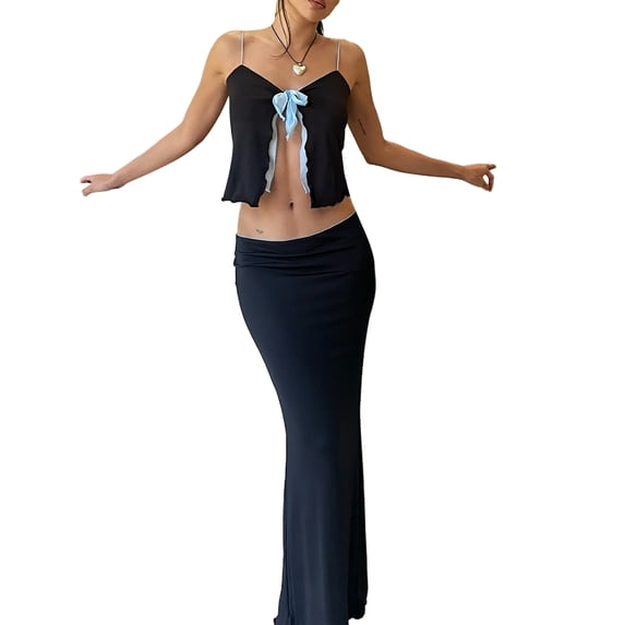 Franhais Women's Summer 2PCS Outfit Sets Sleeveless Bowknot Contrast Color Sling Vest + Long Skinny Solid Color Skirt