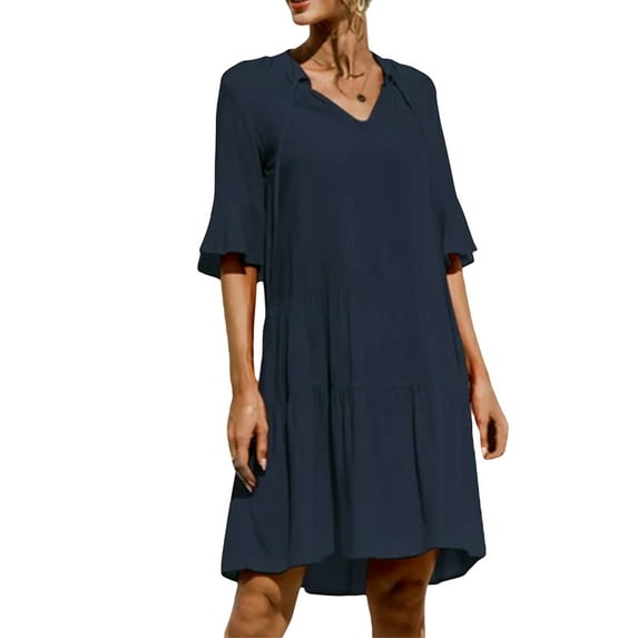 Franhais Women's Summer A-line Dress Solid Color/Floral Print Short Sleeve V Neck Dress