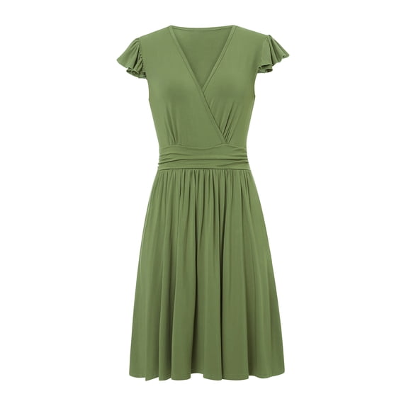 Franhais Women's Summer A-line Dress, casual pleated short sleeved dress, wrap V-neck dress