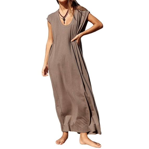 Franhais Women's Summer Casual Long Dress Solid Color Sleeveless Scoop Neck Beach Dresses