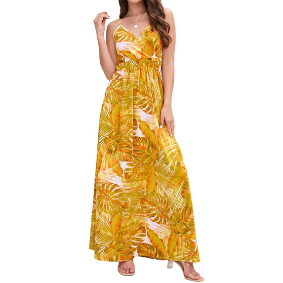 Franhais Women's Summer Long Sling Dress Sleeveless Backless Deep V Neck Boho Floral Dress For Holiday