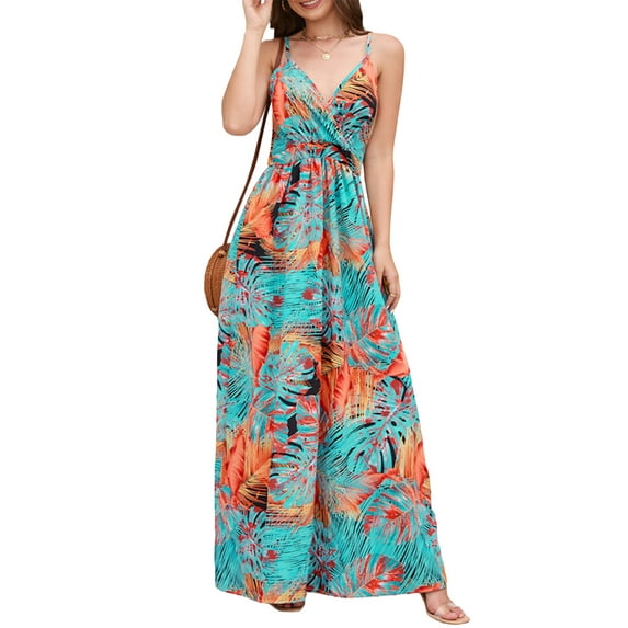 Franhais Women's Summer Long Sling Dress Sleeveless Backless Deep V Neck Boho Floral Dress For Holiday