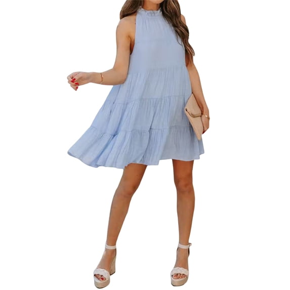 Franhais Women's Summer Mini Dress, Sleeveless Ruffle Collar Tie Knot Back Loose Tiered A-Line Dress