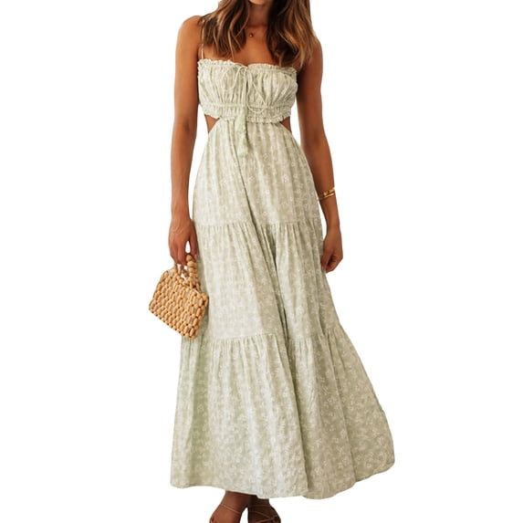 Franhais Women's Summer Slip Dress Graphic Print Spaghetti Strap Back Tie A-Line Long Dress for Beach