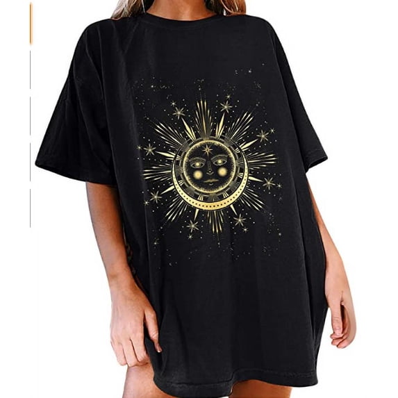 Franhais Women's Sun moon print top retro loose shirt short sleeve tie-dye T-shirt Girls casual T-shirt