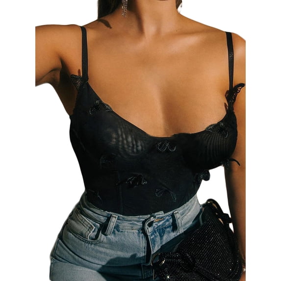Franhais Women's Tank Tops Mesh Butterfly Embellishment Sleeveless Sling Design Slim Crop Summer Crop Tops