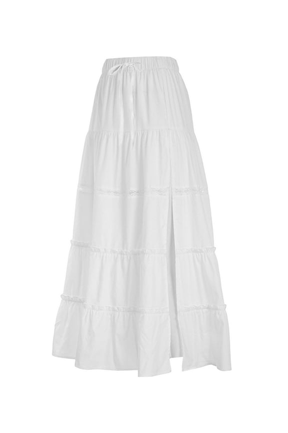 Women's Tiered Long Skirts Drawstring Elastic Waist Solid Color Ruched Midi Skirts Side Split Skirts
