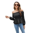 thumbnail image 1 of Franhais Women's Tops, Off Shoulder Long Sleeve Solid Color Ruched Ruffle Hem Pullover Shirt, Black/Blue/Yellow/Wine Red, 1 of 9