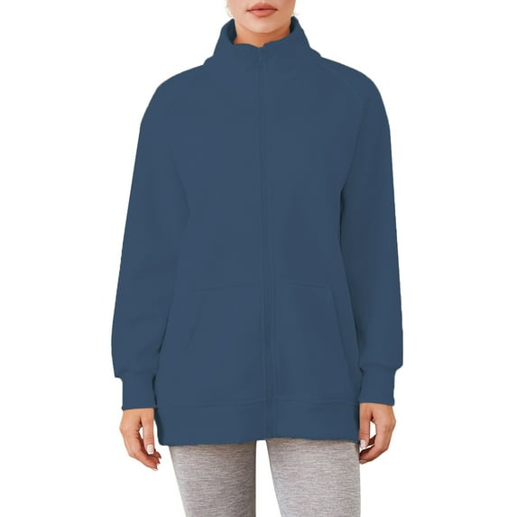 Franhais Women's Zip Up Sweatshirts Casual Long Sleeve Stand Collar Solid Color Jackets Oversized Tops Streetwear