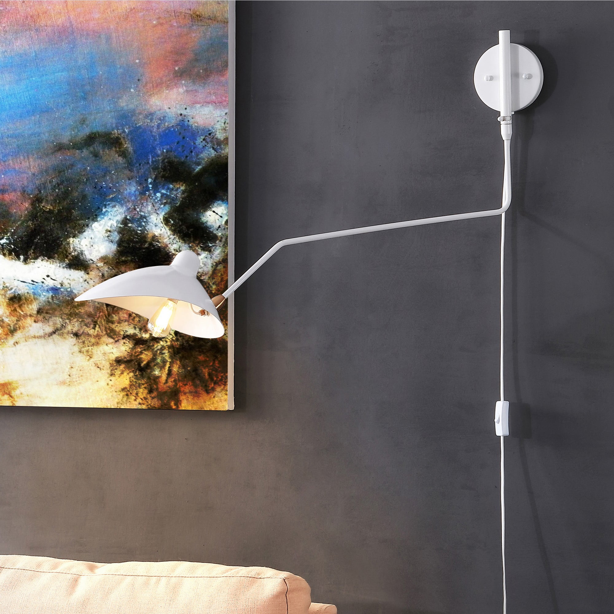 Mid-Century 35" White and Brass Gold Iron Swing Arm Wall Sconce