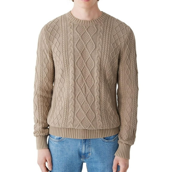 Frank & Oak Mens Classic Fit Cable Knit Pullover Sweater, Brown, Medium