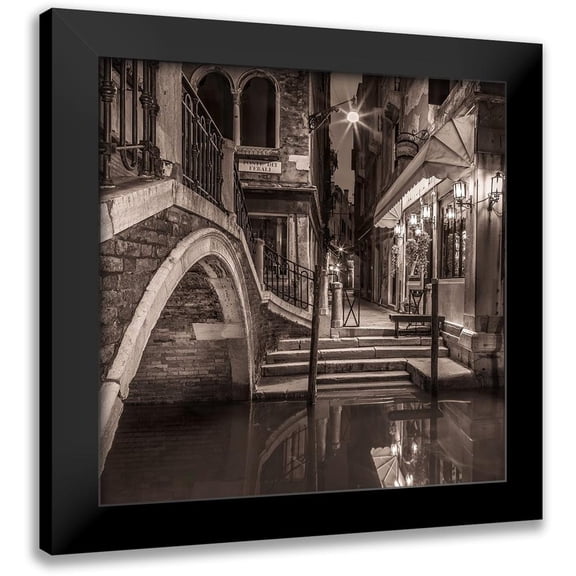 Frank, Assaf 12x12 Black Modern Framed Museum Art Print Titled - Night shot of cafe by narrow canal-Venice-Italy