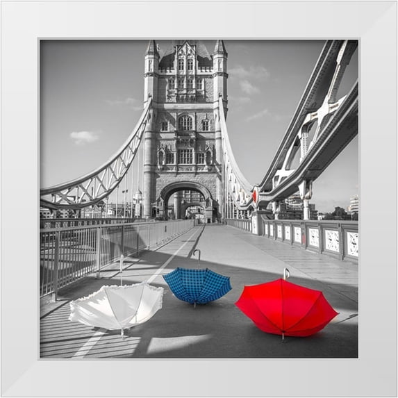 Frank, Assaf 12x12 White Modern Wood Framed Museum Art Print Titled - Colorful umbrellas on Tower bridge, London, UK