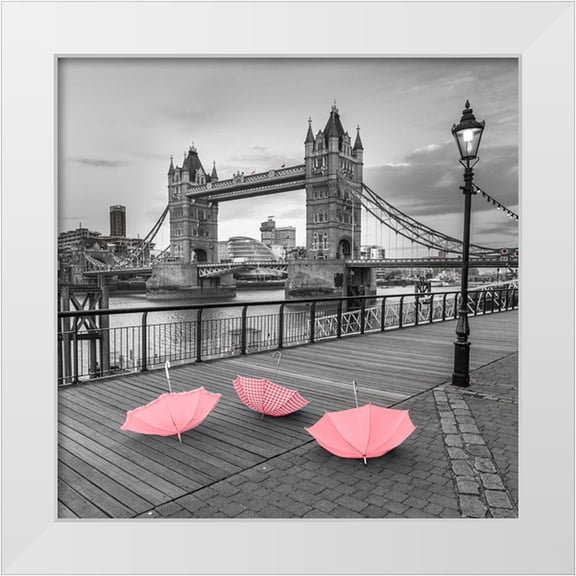 Frank, Assaf 12x12 White Modern Wood Framed Museum Art Print Titled - Pink umbrellas, Tower bridge, London