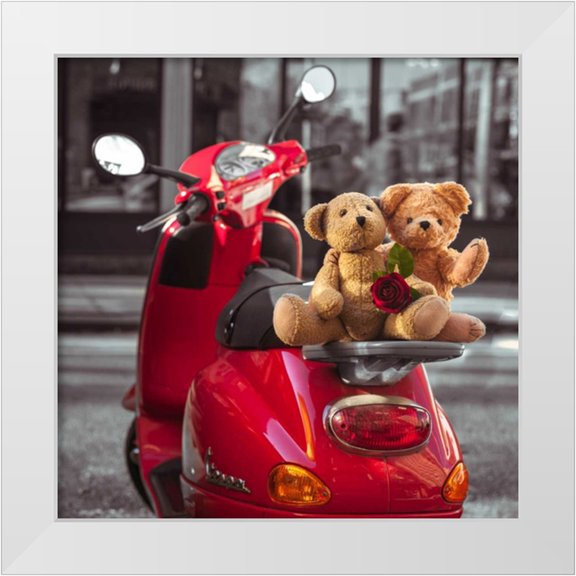 Frank, Assaf 12x12 White Modern Wood Framed Museum Art Print Titled - Teddy bears with red rose on a scooter, New York