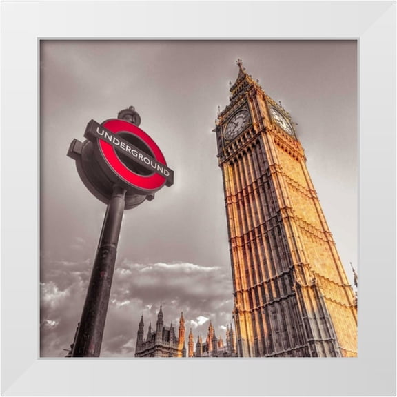 Frank, Assaf 12x12 White Modern Wood Framed Museum Art Print Titled - Underground sign with Big Ben, London, UK, FTBR-1906