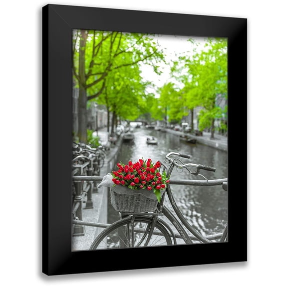 Frank, Assaf 12x14 Black Modern Framed Museum Art Print Titled - Bicycle with bunch of flowers by the canal-Amsterdam