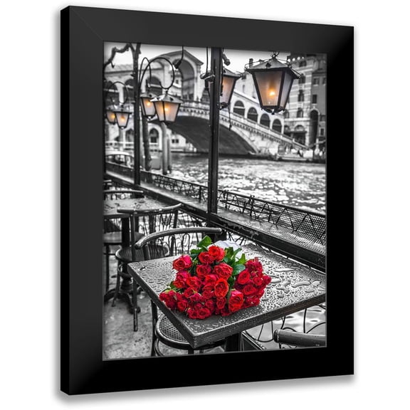 Frank, Assaf 12x14 Black Modern Framed Museum Art Print Titled - Bunch of red roses on street cafe table-Rialto Bridge-Venice-Italy