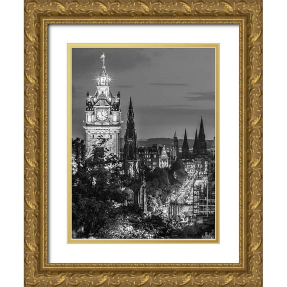 Frank, Assaf 12x14 Gold Ornate Wood Framed with Double Matting Museum Art Print Titled - Princess streen and the Balmoral Hotel and night, Edinbrugh, Scotland, FTBR-1800