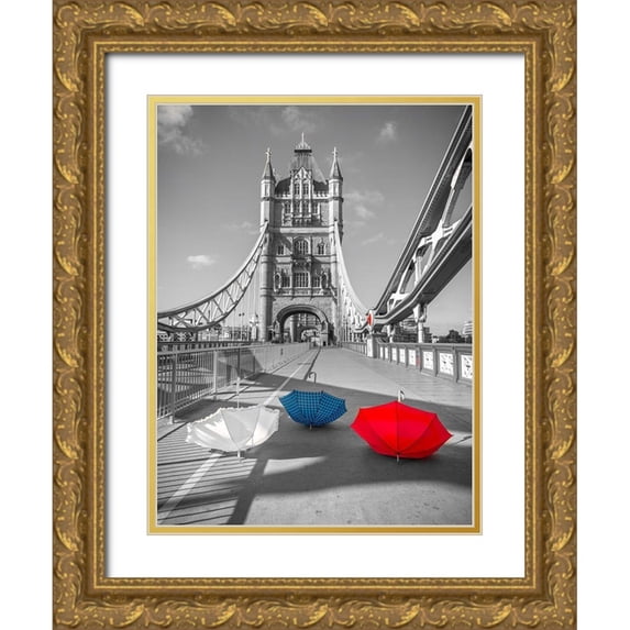 Frank, Assaf 12x14 Gold Ornate Wood Framed with Double Matting Museum Art Print Titled - Colorful umbrellas on Tower bridge, London, UK