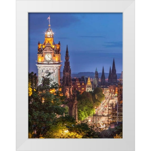 Frank, Assaf 12x14 White Modern Wood Framed Museum Art Print Titled - Princess streen and the Balmoral Hotel and night, Edinbrugh, Scotland