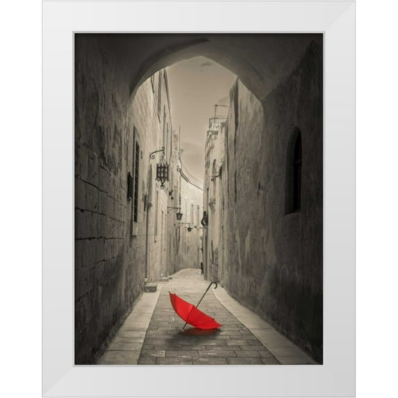 Frank, Assaf 12x14 White Modern Wood Framed Museum Art Print Titled - Red umbrella on narrow street of Mdina, Malta