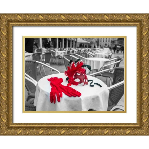 Frank, Assaf 14x11 Gold Ornate Wood Framed with Double Matting Museum Art Print Titled - Female hand gloves with Venetian mask on cafe table, Venice, Italy
