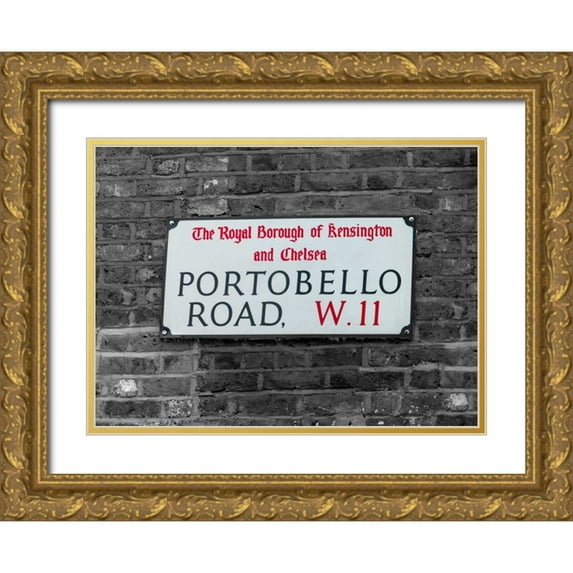 Frank, Assaf 14x11 Gold Ornate Wood Framed with Double Matting Museum Art Print Titled - Portobello road sign board on a brick wall, London, UK