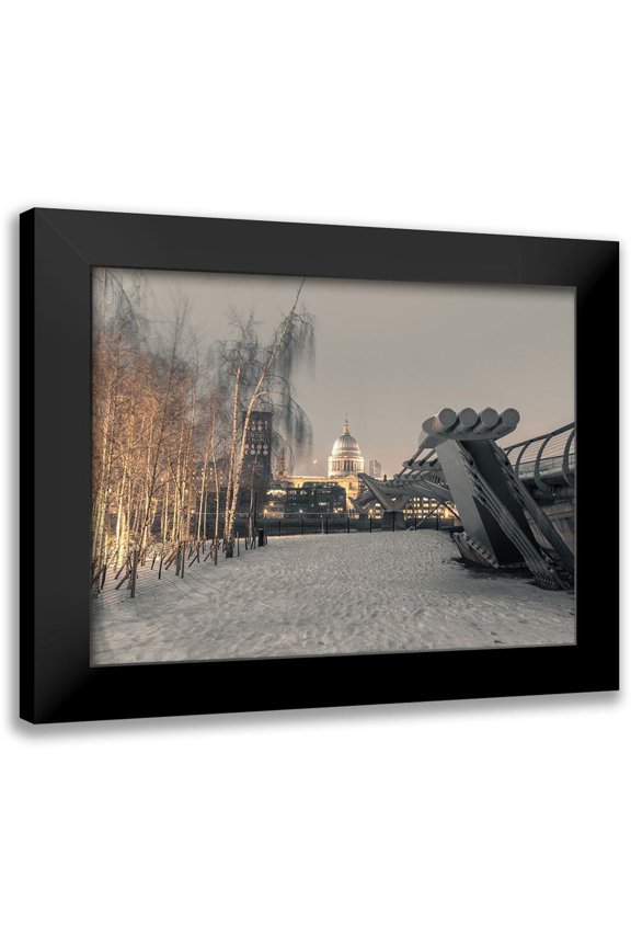 Frank, Assaf 14x12 Black Modern Framed Museum Art Print Titled - St Pauls Cathedral and Millennium Bridge in snow-London-UK