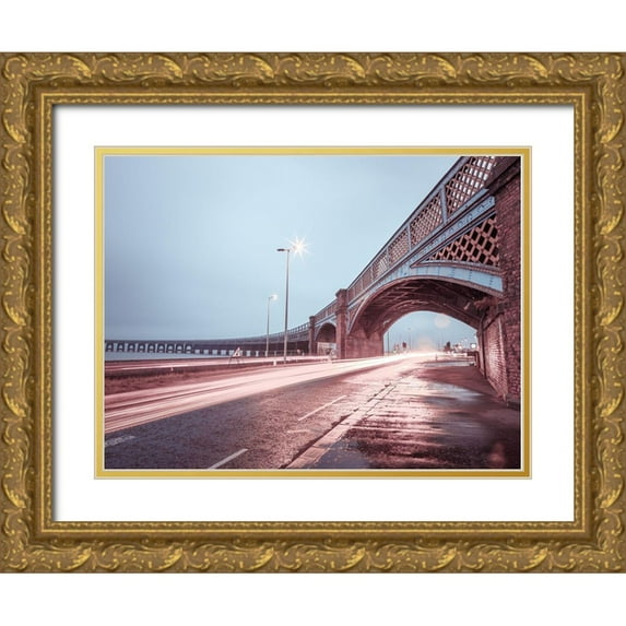 Frank, Assaf 14x12 Gold Ornate Wood Framed with Double Matting Museum Art Print Titled - Strip Lights on road of Dundee, Scotland,FTBR 1857