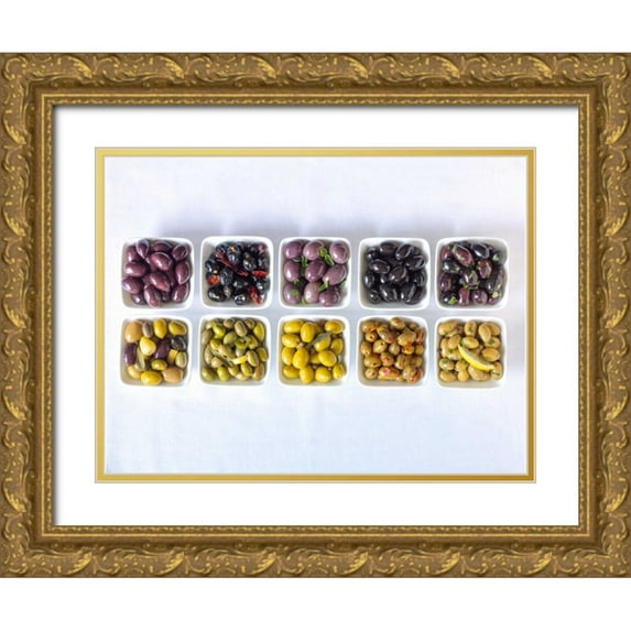 Frank, Assaf 14x12 Gold Ornate Wood Framed with Double Matting Museum Art Print Titled - Varieties of Olives in bowls on white background