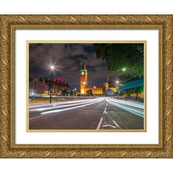 Frank, Assaf 14x12 Gold Ornate Wood Framed with Double Matting Museum Art Print Titled - Westminster Abby and Big Ben with strip lights, London, UK