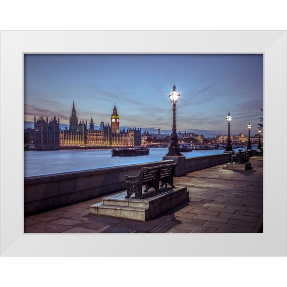 Frank, Assaf 14x12 White Modern Wood Framed Museum Art Print Titled - Benchs by the walkway next to river thames, London, Uk