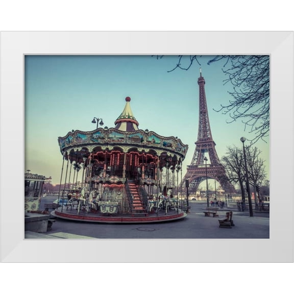 Frank, Assaf 14x12 White Modern Wood Framed Museum Art Print Titled - Carousel with the Eiffel tower in the background