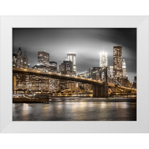 Frank, Assaf 14x12 White Modern Wood Framed Museum Art Print Titled - Evening shot of Brooklyn Bridge with Lower Manhattan skyline, New York