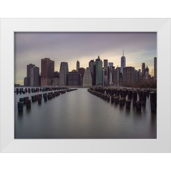 Frank, Assaf 14x12 White Modern Wood Framed Museum Art Print Titled - Manhattan skyline with rows of groynes in East river, New York