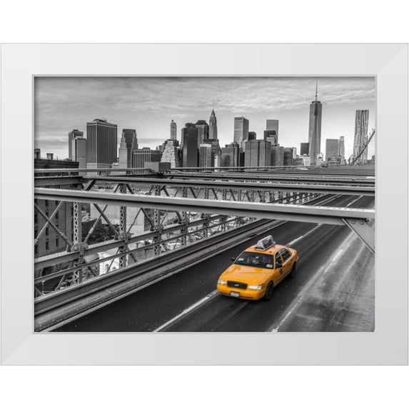 Frank, Assaf 14x12 White Modern Wood Framed Museum Art Print Titled - Taxi on Brooklyn Bridge, New York