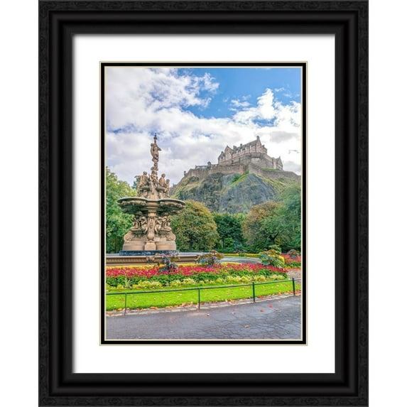 Frank, Assaf 14x18 Black Ornate Wood Framed with Double Matting Museum Art Print Titled - The Ross Fountain and Edinburgh Castle-Scotland