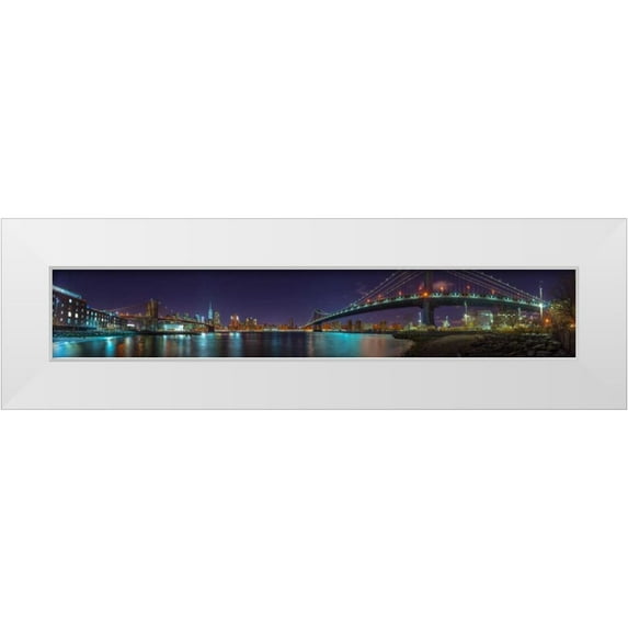 Frank, Assaf 14x6 White Modern Wood Framed Museum Art Print Titled - Brooklyn bridge and Manhattan bridge over East river, Lower Manhattan, New York