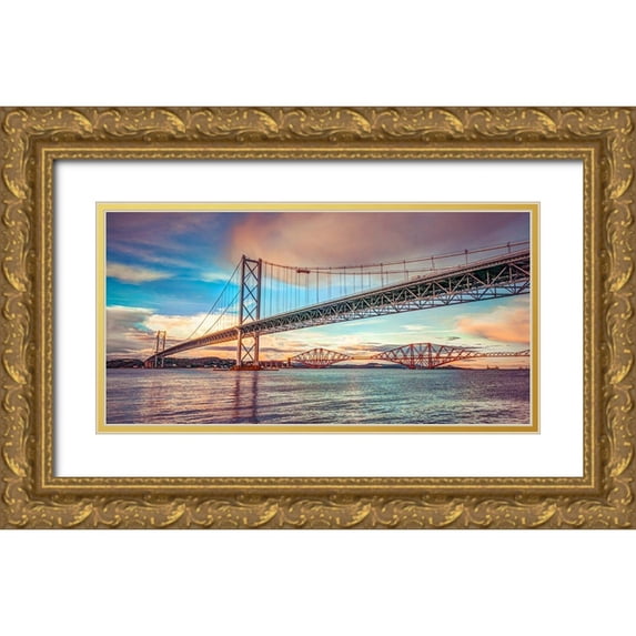 Frank, Assaf 14x9 Gold Ornate Wood Framed with Double Matting Museum Art Print Titled - Forth Road Birdge at dusk