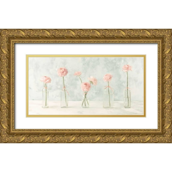 Frank, Assaf 14x9 Gold Ornate Wood Framed with Double Matting Museum Art Print Titled - Ranuncuclus flowers in glass bottles