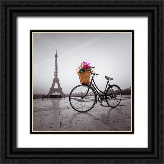 Frank, Assaf 15x15 Black Ornate Wood Framed with Double Matting Museum Art Print Titled - Bicycle with a basket of flowers next to the Eiffel tower