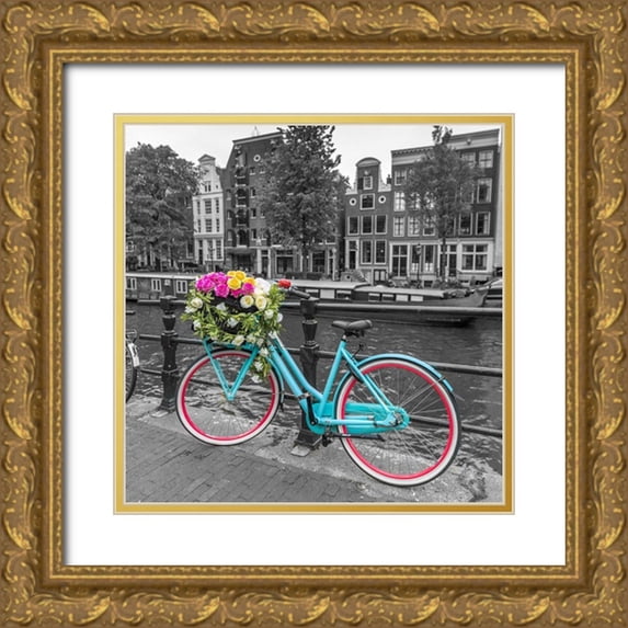 Frank, Assaf 15x15 Gold Ornate Wood Framed with Double Matting Museum Art Print Titled - Bicycle with bunch of roses on bridge-Amsterdam