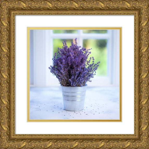 Frank, Assaf 15x15 Gold Ornate Wood Framed with Double Matting Museum Art Print Titled - Bunch of lavender in vase by the window - Indoors
