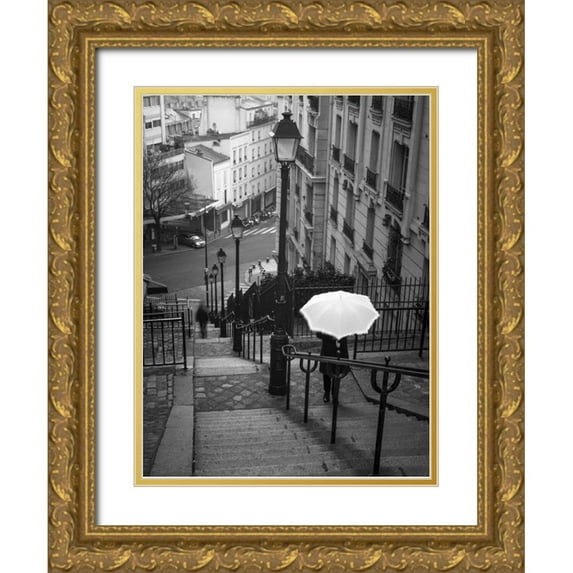 Frank, Assaf 15x18 Gold Ornate Wood Framed with Double Matting Museum Art Print Titled - Woman with white umbrella standing on staircase in Montmartre, Paris, France