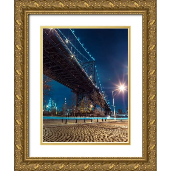 Frank, Assaf 15x18 Gold Ornate Wood Framed with Double Matting Museum Art Print Titled - Manhattan Bridge over east river at dusk, New York