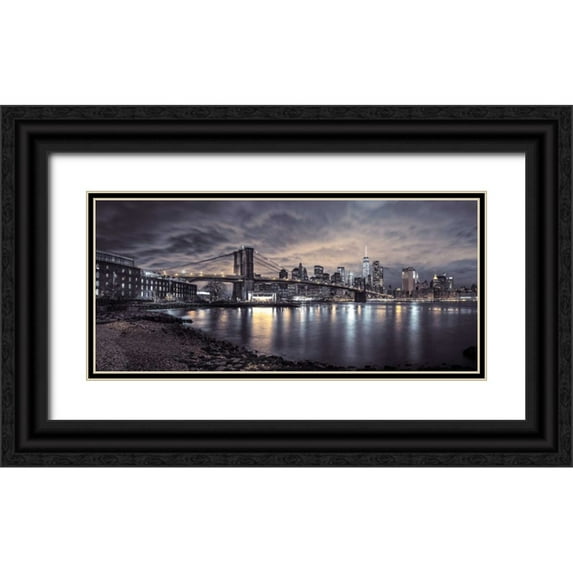 Frank, Assaf 18x10 Black Ornate Wood Framed with Double Matting Museum Art Print Titled - Brooklyn Bridge and Manhattan skyline, New York
